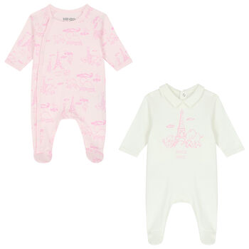Baby Girls Pink & Ivory Logo & Animals Babygrows ( 2-Pack )
